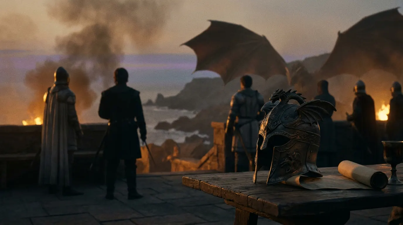 Sala do trono em ruínas com silhuetas de dragões em série de fantasia medieval — A Casa do Dragão 3ª temporada