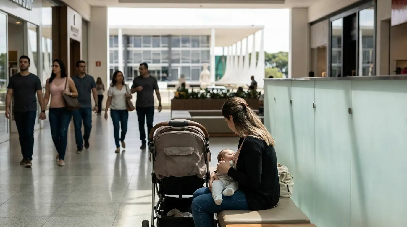 Fachada de shopping center brasileiro com sinalização de espaço de amamentação, após decisão do STF sobre direitos trabalhistas de funcionárias lactantes
