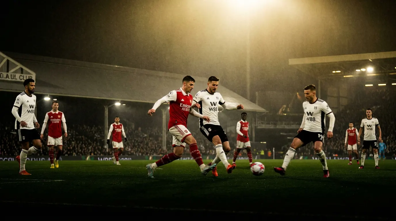 Estádio do Arsenal iluminado à noite com atmosfera de Premier League contra o Fulham