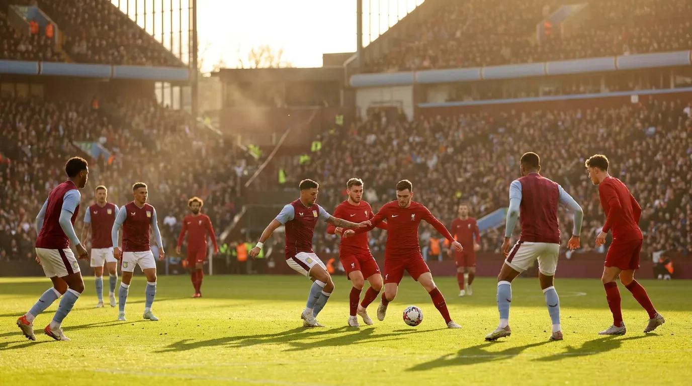 Ollie Watkins comemorando gol no Villa Park na Premier League contra o Liverpool