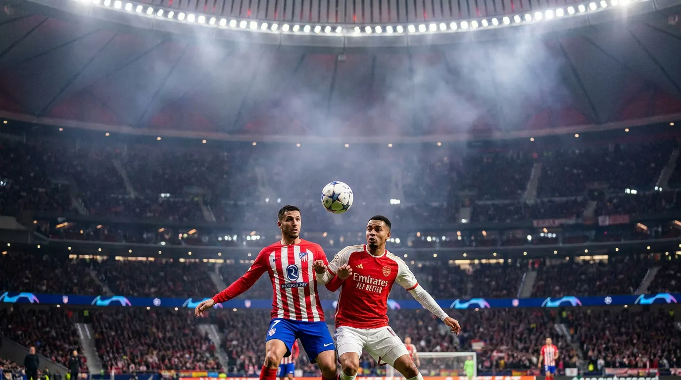 Estádio Metropolitano iluminado à noite durante duelo da Champions League entre Atlético de Madrid e Arsenal