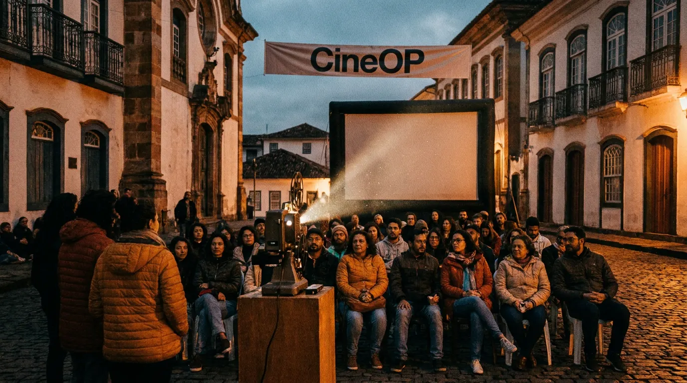 Sessão ao ar livre da 21ª CineOP na Praça Tiradentes em Ouro Preto durante o festival de cinema gratuito de junho de 2026