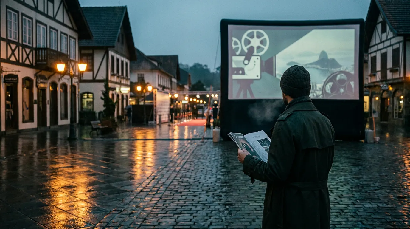 Tapete vermelho do evento de lançamento do 54º Festival de Cinema de Gramado no Rio de Janeiro, com realizadores brasileiros ao fundo