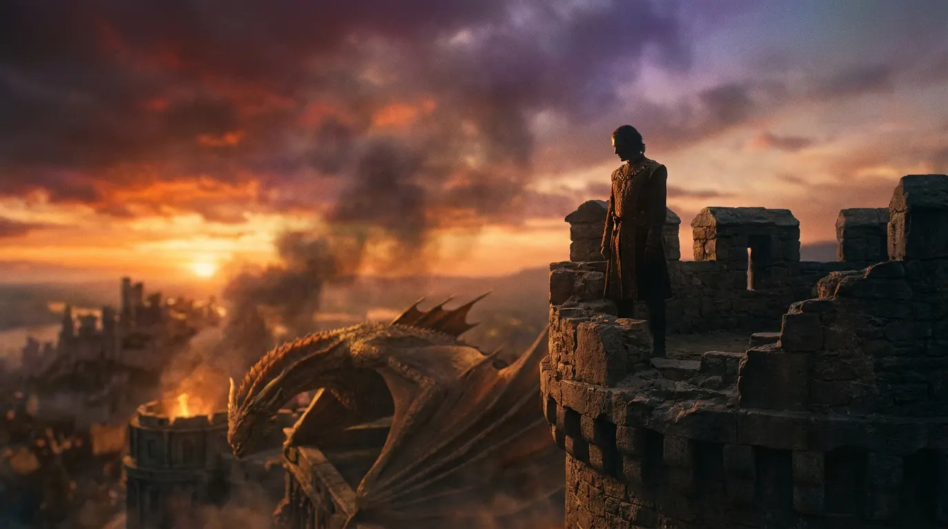 Emma D'Arcy como Rhaenyra Targaryen em armadura negra com dragão ao fundo — A Casa do Dragão 3ª temporada na Max