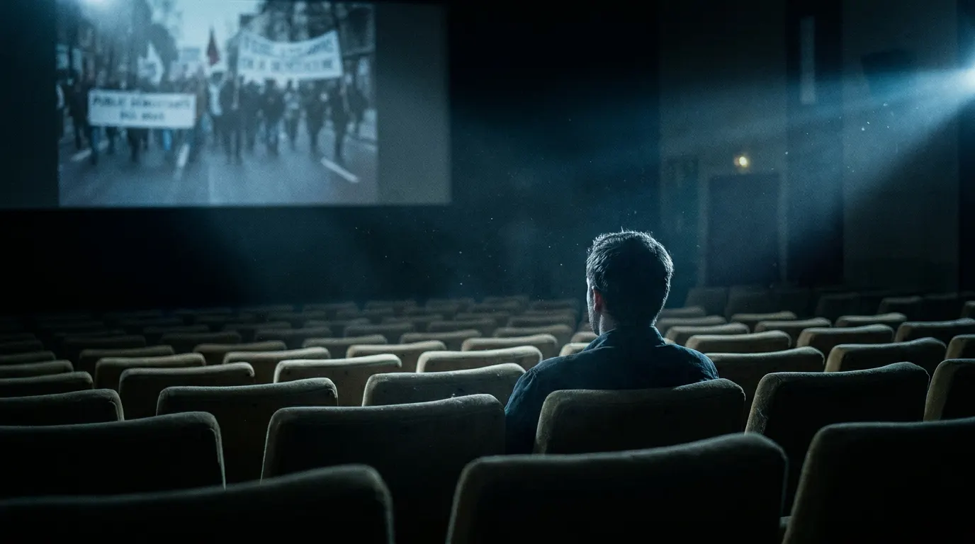 Sala de cinema quase vazia com poltronas vermelhas iluminadas pela luz do projetor — estreia de documentário político com baixa audiência