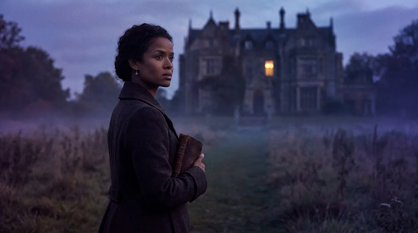 Gugu Mbatha-Raw como Claudia diante da plantação de Hope Hill na Jamaica — série de suspense sobrenatural da HBO Max
