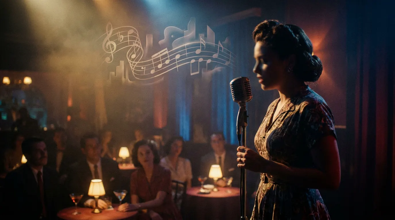 Cantora negra de 90 anos no palco de teatro clássico em Paris, cena da cinebiografia A Noite de Alaíde