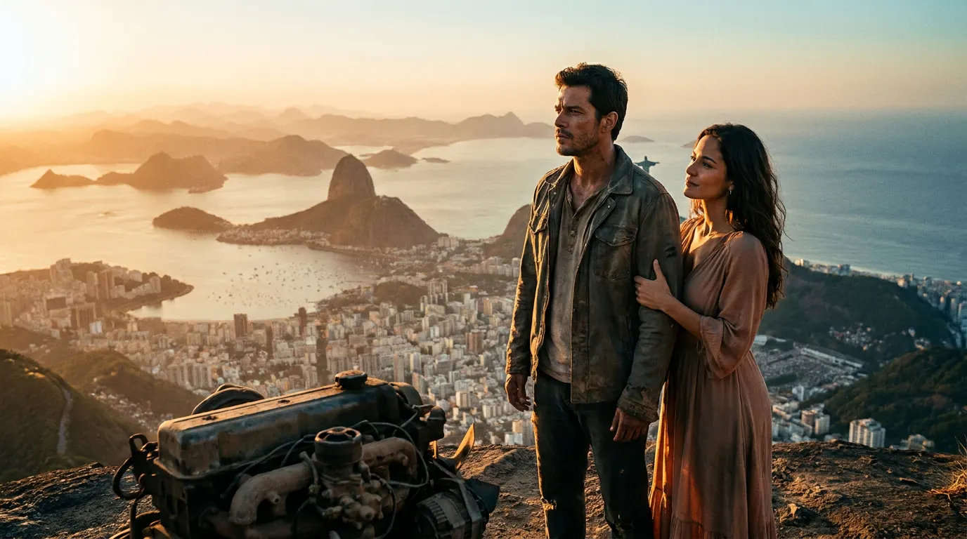 Mário Bregieira e Pérola Faria em cena dramática de A Virada Ignição da Alma, com cenário do Rio de Janeiro ao fundo