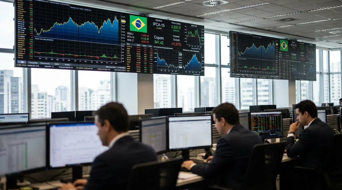 Sede do Banco Central do Brasil em Brasília, com gráficos de inflação e Selic em destaque — semana da ata do Copom e IPCA-15