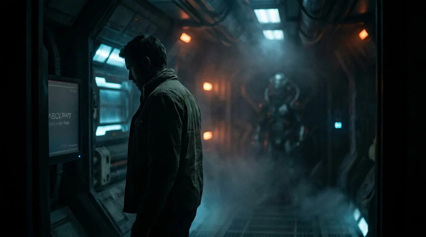Corredor espacial sombrio com silhueta feminina diante de um Xenomorfo, no estilo visual de Alien: Romulus e Ninguém Vai Te Salvar