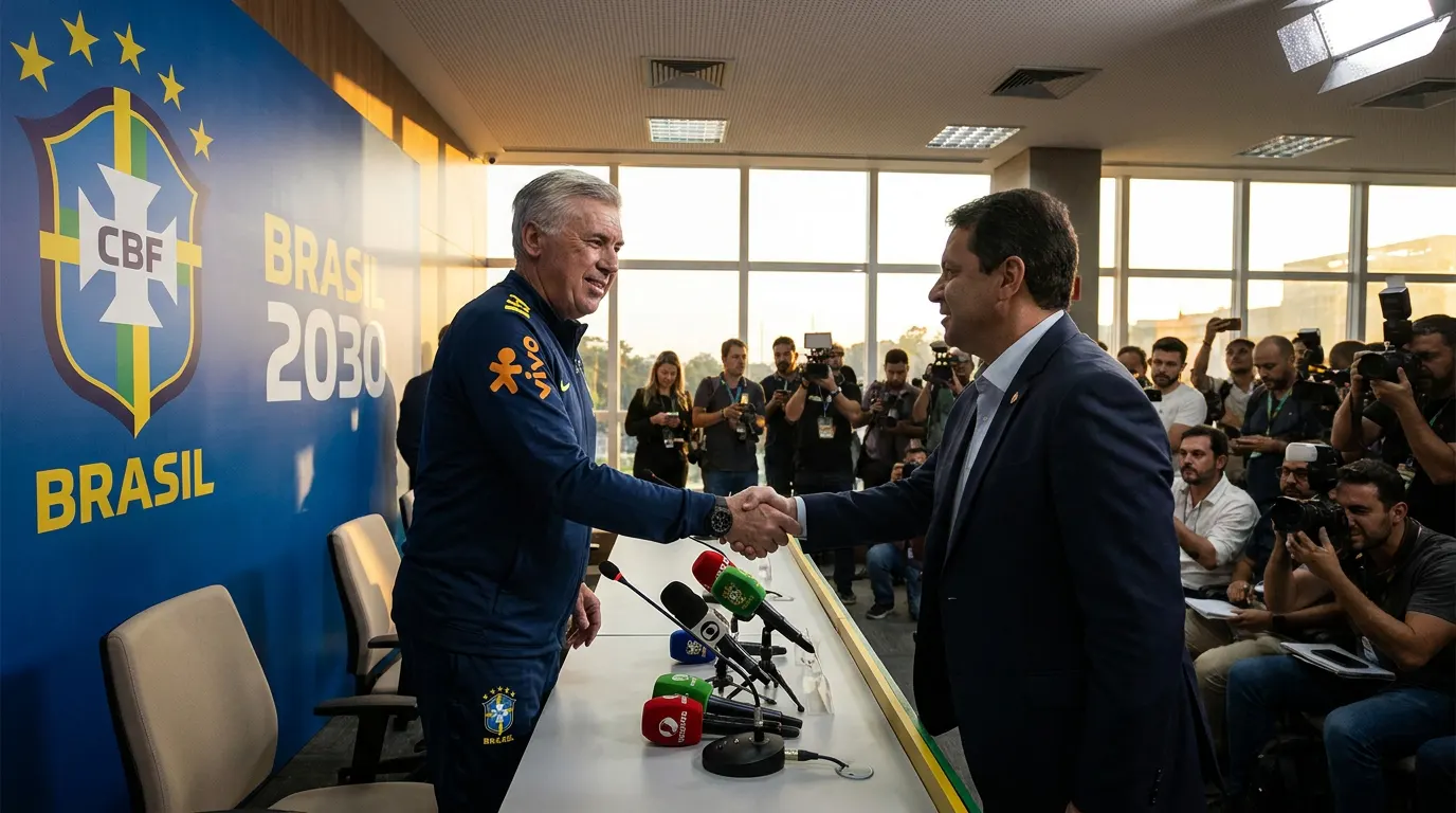 Carlo Ancelotti no banco de reservas da Seleção Brasileira com a camisa oficial da CBF — renovação até a Copa do Mundo de 2030