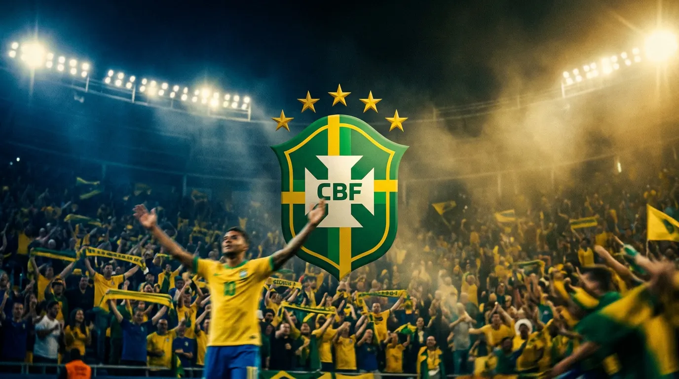 Silhueta de treinador no banco de reservas durante jogo da Seleção Brasileira à noite em estádio lotado