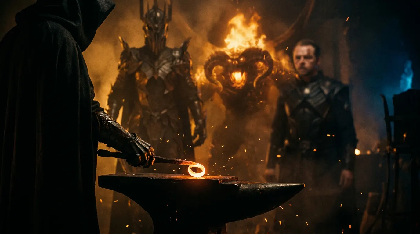 Sauron em armadura completa segurando o Um Anel em Barad-dûr, na 3ª temporada de Anéis de Poder