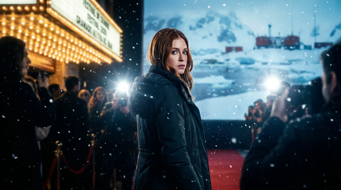 Marina Ruy Barbosa como a pesquisadora Inês no thriller brasileiro Antártida (2026), com cenário antártico gelado ao fundo