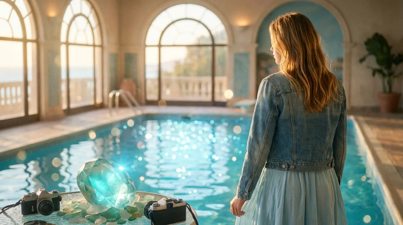 Emma Roberts como Claire Brown na praia, com o oceano ao fundo, no estilo visual da série Aquamarine do Disney+