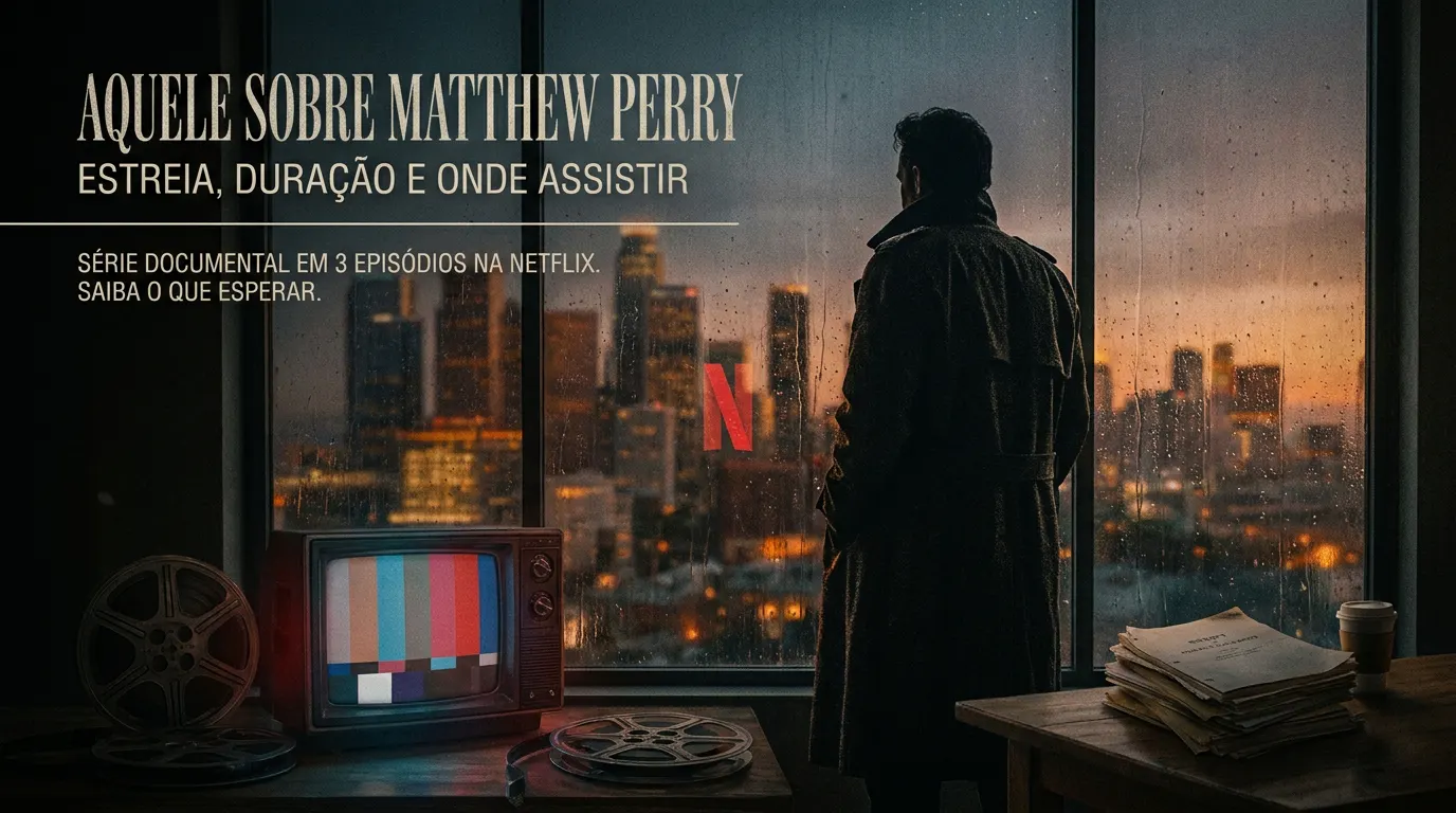 Composição cinematográfica que evoca o documentário Aquele Sobre Matthew Perry na Netflix, com livro aberto, tiras de filme vintage e luz dramática de entardecer