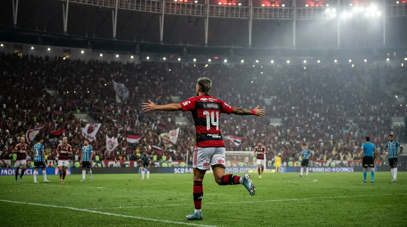 Arrascaeta comemorando gol pelo Flamengo na Copa Libertadores 2026 no Maracanã