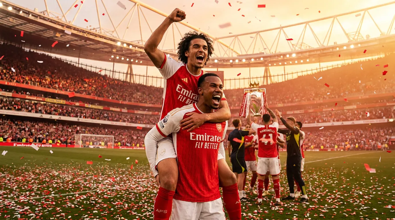 Gabriel Martinelli e Gabriel Magalhães comemorando o título da Premier League 2026 pelo Arsenal no Emirates Stadium