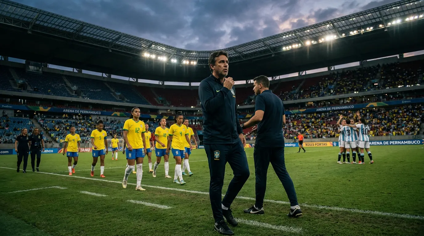 Arthur Elias na beira do campo durante amistoso da seleção feminina contra a Argentina na Arena de Pernambuco