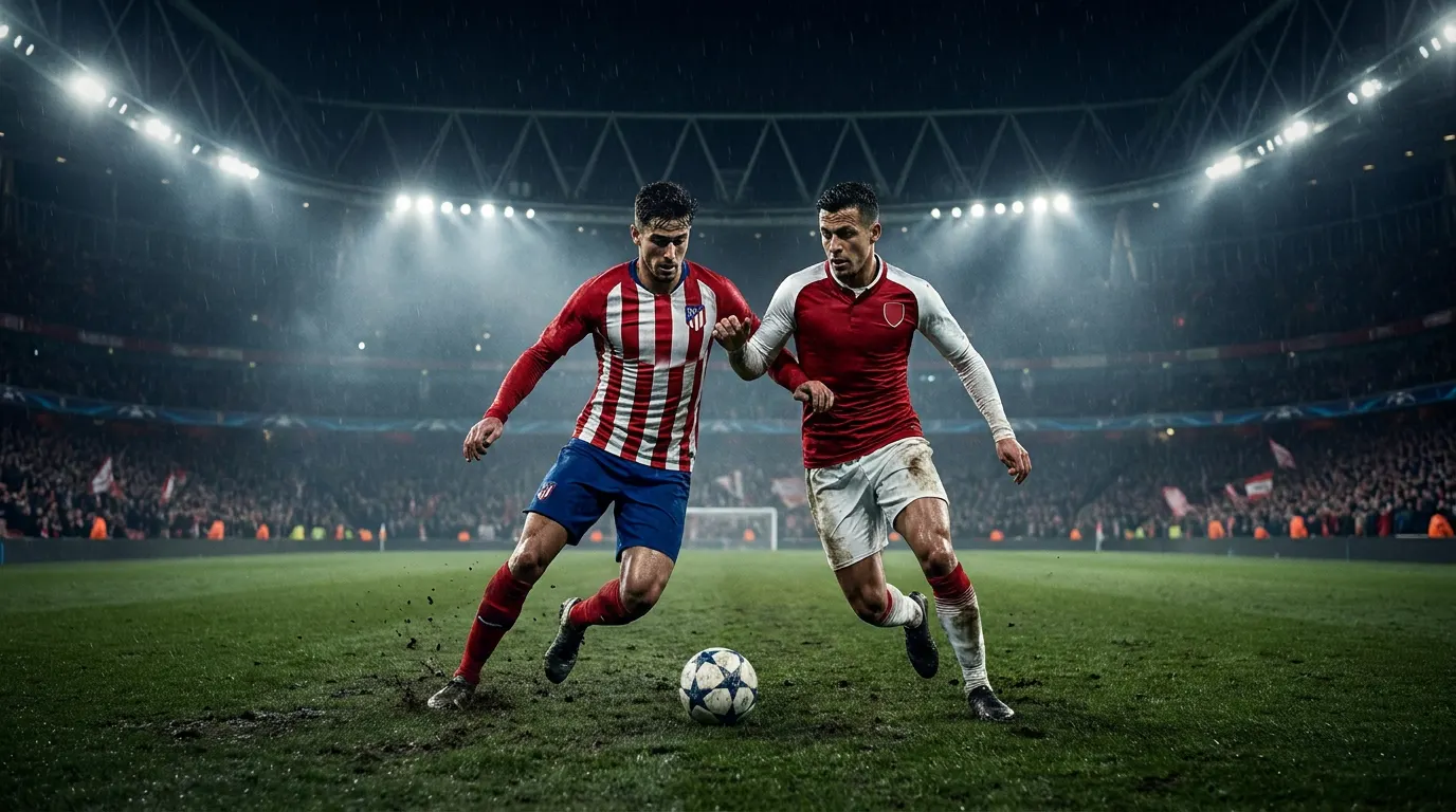 Estádio lotado à noite representando o duelo entre Atlético de Madrid e Arsenal na Champions League