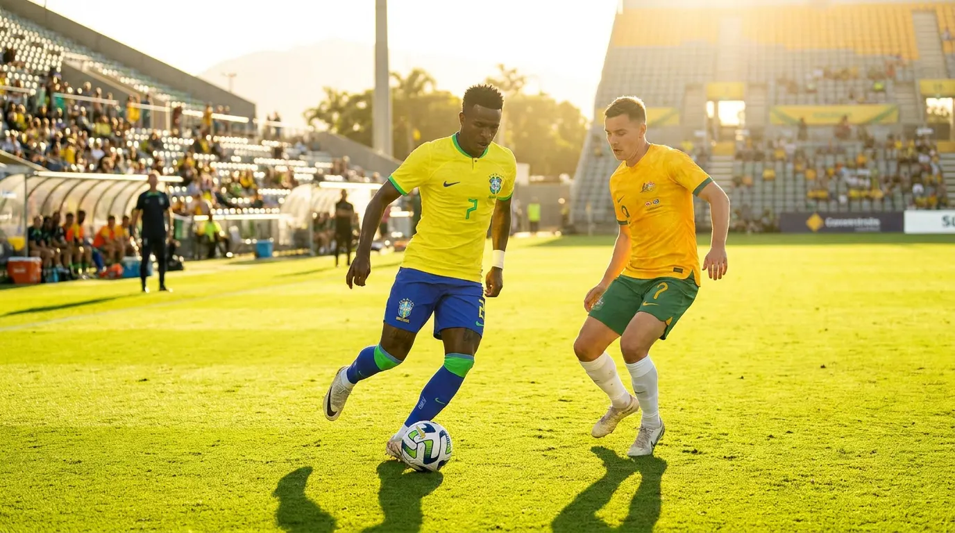 Vinicius Jr e Endrick com a camisa da Seleção Brasileira entrando em campo no Queensland Country Bank Stadium para o amistoso contra a Austrália