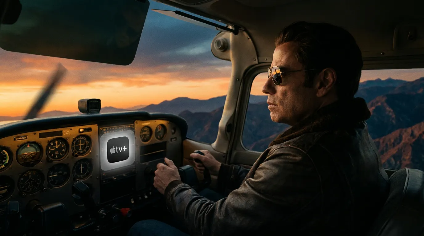 John Travolta em seu debut na direção de Aventuras nas Alturas, Apple TV+ 2026, ao lado de avião propulsor na era de ouro da aviação