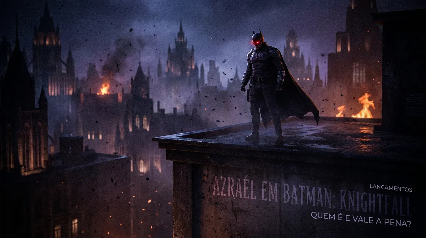 Azrael com armadura vermelha e dourada e lâminas em chamas no filme animado Batman: Knightfall 2026