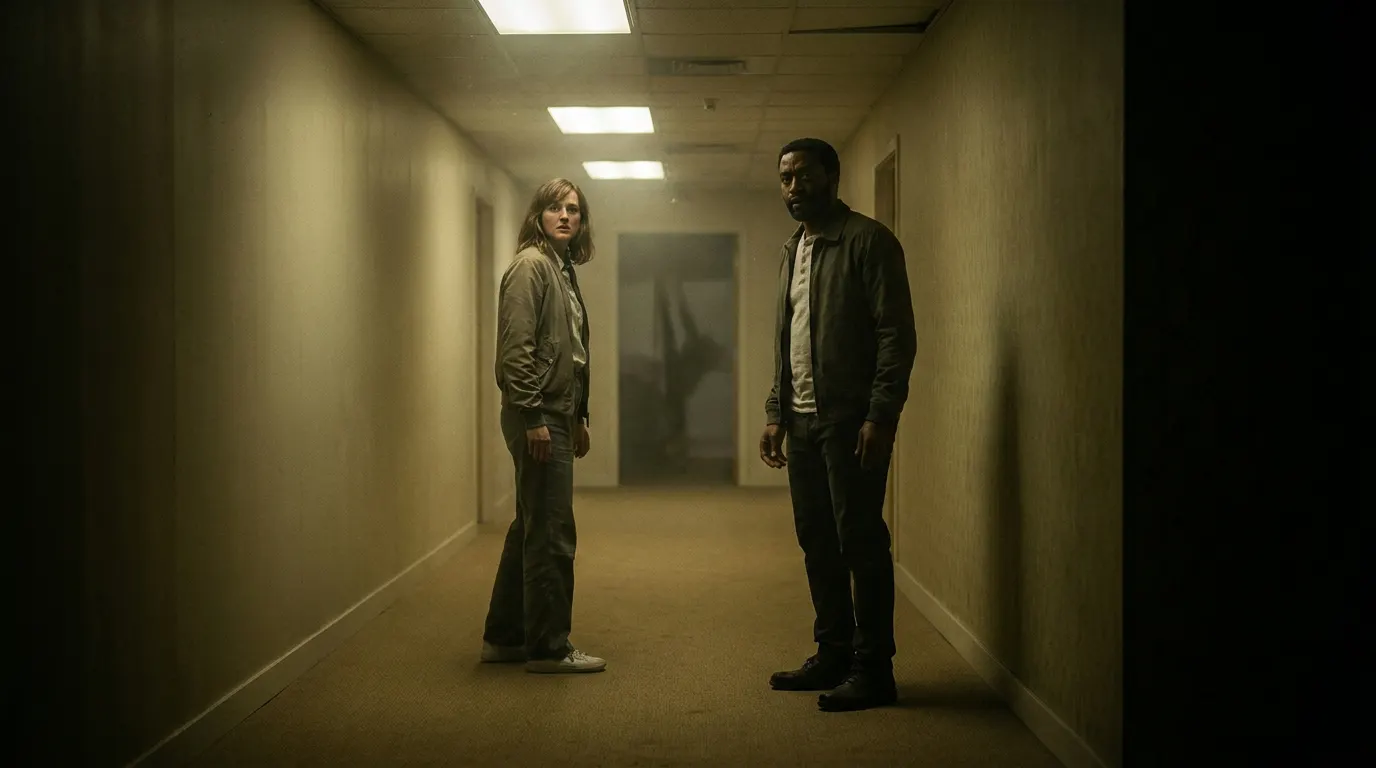 Renate Reinsve como Dra. Mary Kline diante do labirinto infinito de salas amarelas em Backrooms (2026), terror da A24