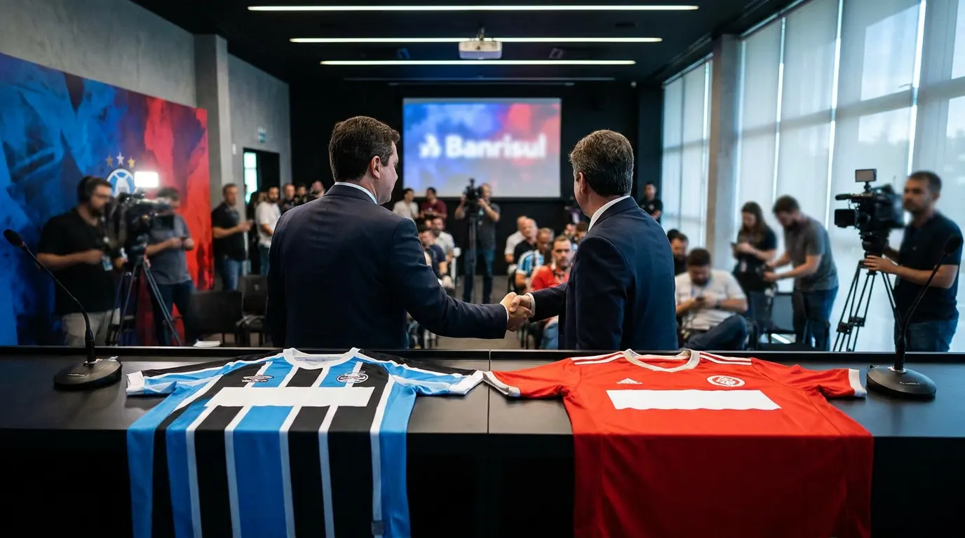 Camisas do Grêmio e Internacional lado a lado com o patrocínio máster do Banrisul no Brasileirão 2026