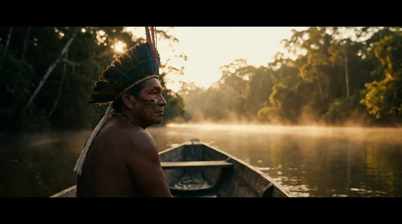Líder indígena Tukano em traje ceremonial diante de associação cultural na Amazônia — documentário Bayaroá