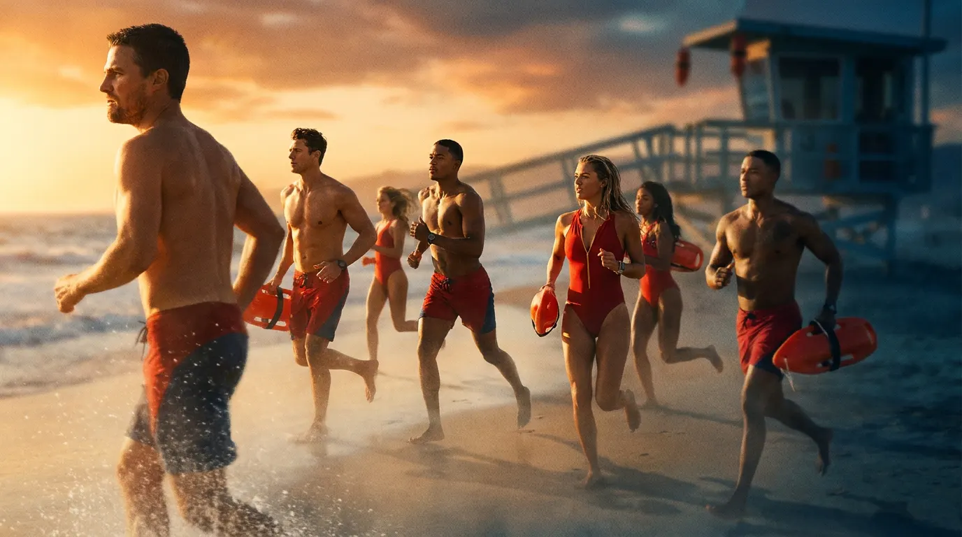 Elenco do reboot de Baywatch em maiôs vermelhos na praia de Los Angeles ao entardecer, com Stephen Amell à frente como Hobie Buchannon