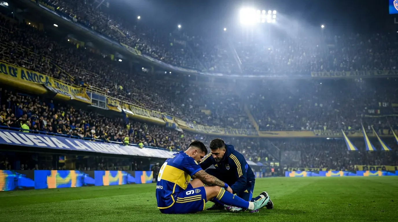 Adam Bareiro deixa o campo com dores durante jogo do Boca Juniors em La Bombonera pela Copa Libertadores 2026