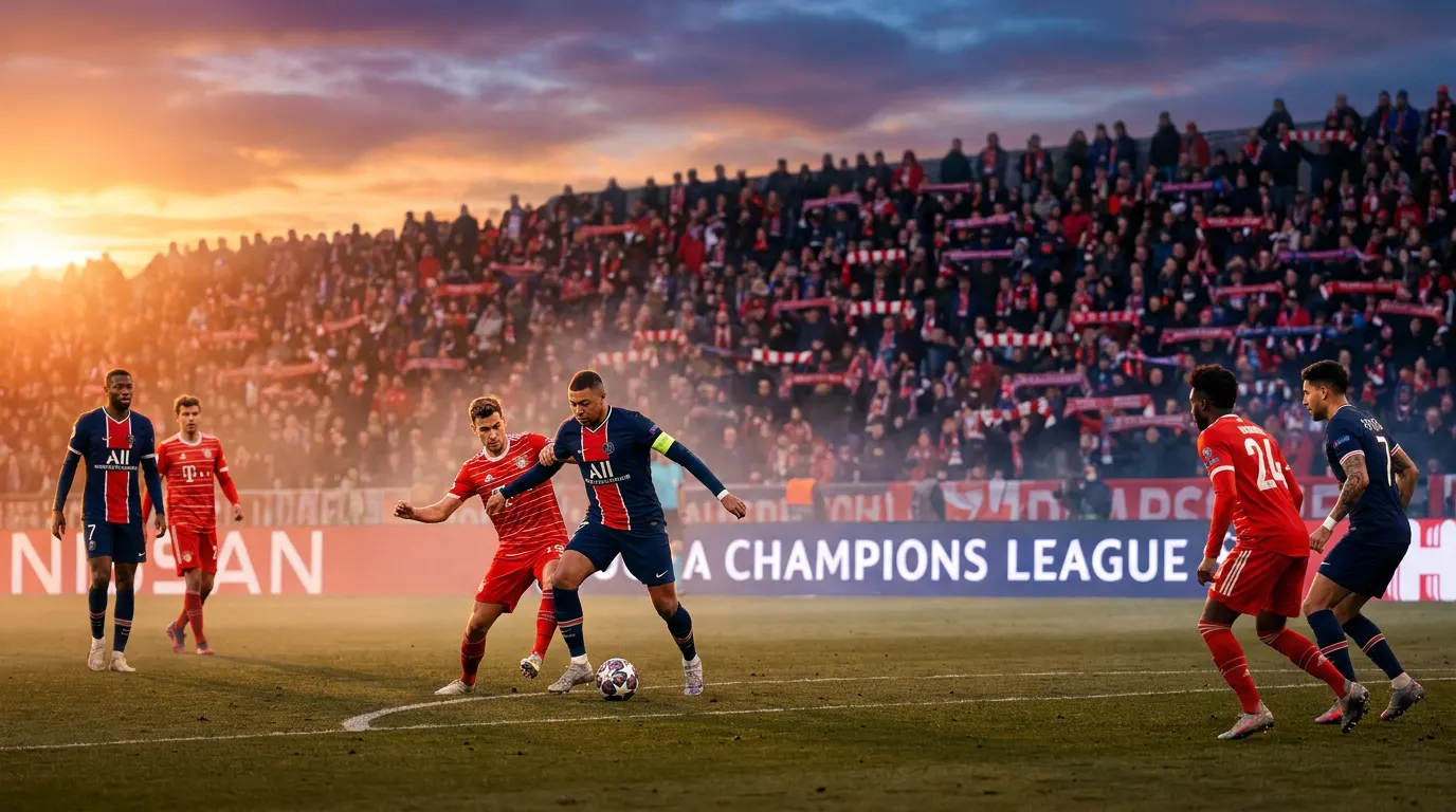 Troféu da Champions League entre os símbolos estilizados de Bayern e PSG em estádio lotado à noite — Bola de Ouro 2026