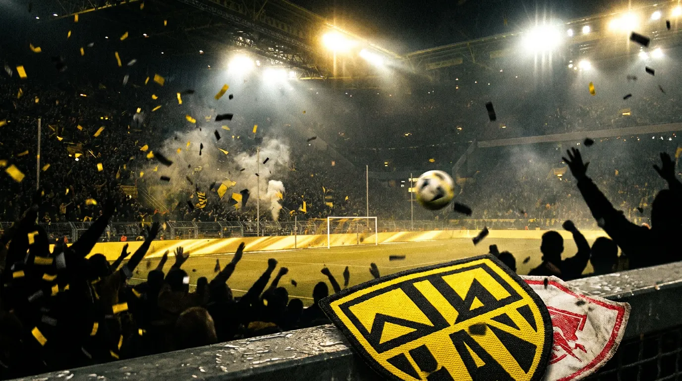 Estádio do Borussia Dortmund lotado à noite com torcida celebrando classificação para a Champions League