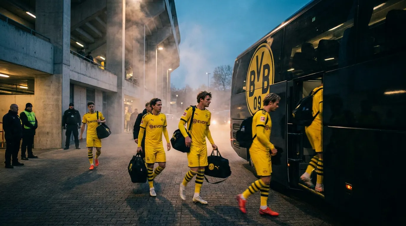 Jogadores do Borussia Dortmund embarcando no ônibus com uniformes suados após jogo da Champions League em Baku