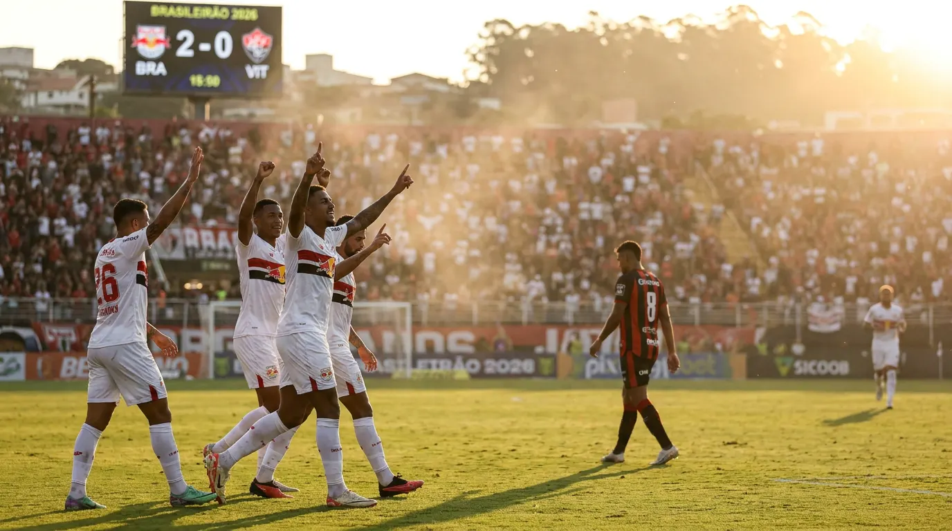 Goleiro Tiago Volpi comemorando gol de pênalti pelo Bragantino contra o Vitória no Brasileirão 2026