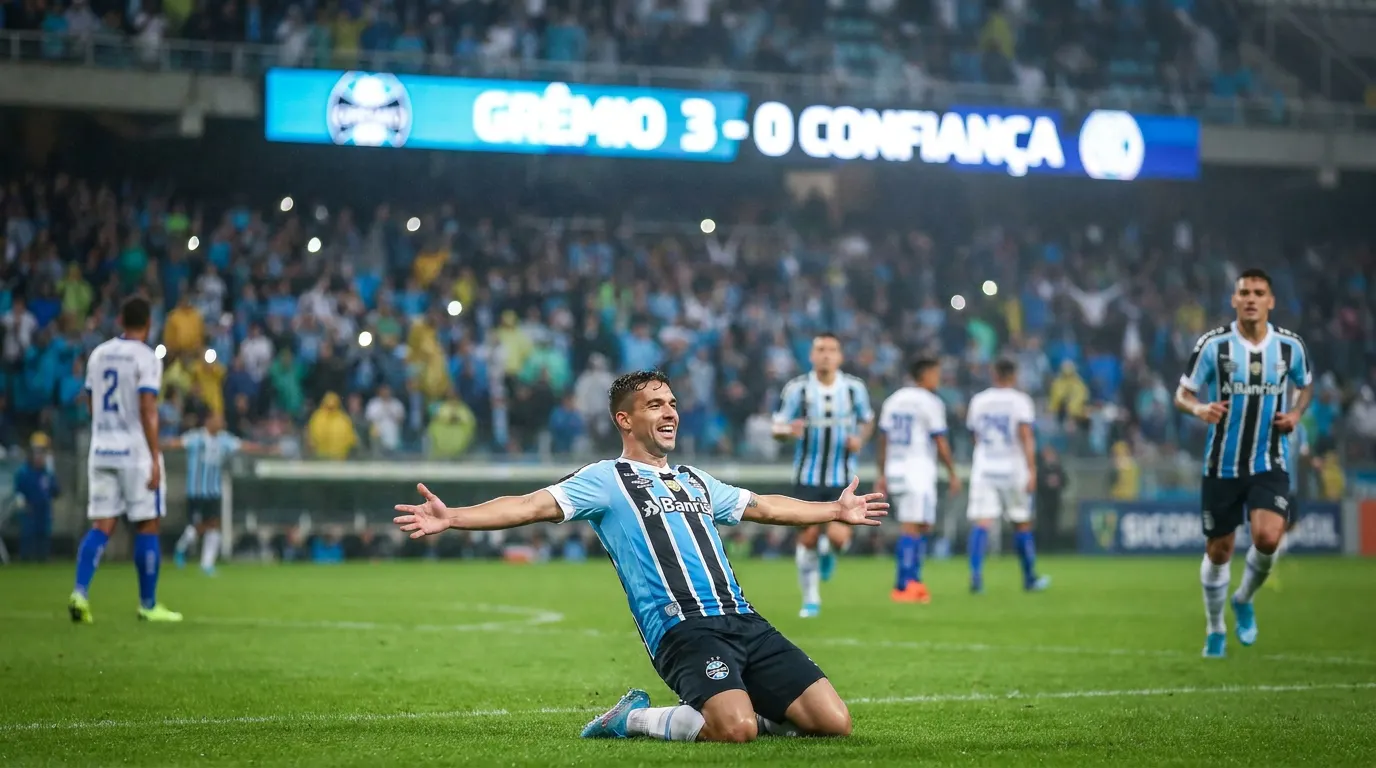 Martin Braithwaite comemora gol pelo Grêmio na Copa do Brasil 2026 no Estádio Batistão em Aracaju