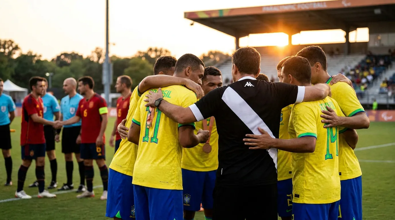Seleção Brasileira de Futebol PC comemorando o bronze na Copa do Mundo de futebol paralímpico em Atlanta 2026