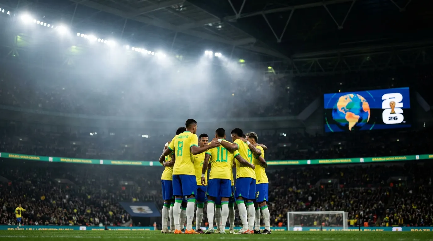 Estádio lotado à noite com bandeiras verde e amarelas celebrando o Brasil na Copa do Mundo 2026