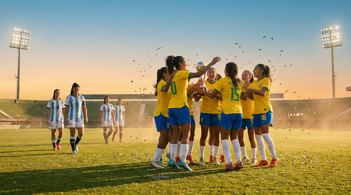Seleção Brasileira Feminina Sub-17 comemorando o hexacampeonato do Sul-Americano 2026 com a taça da CONMEBOL no Estádio Defensores del Chaco
