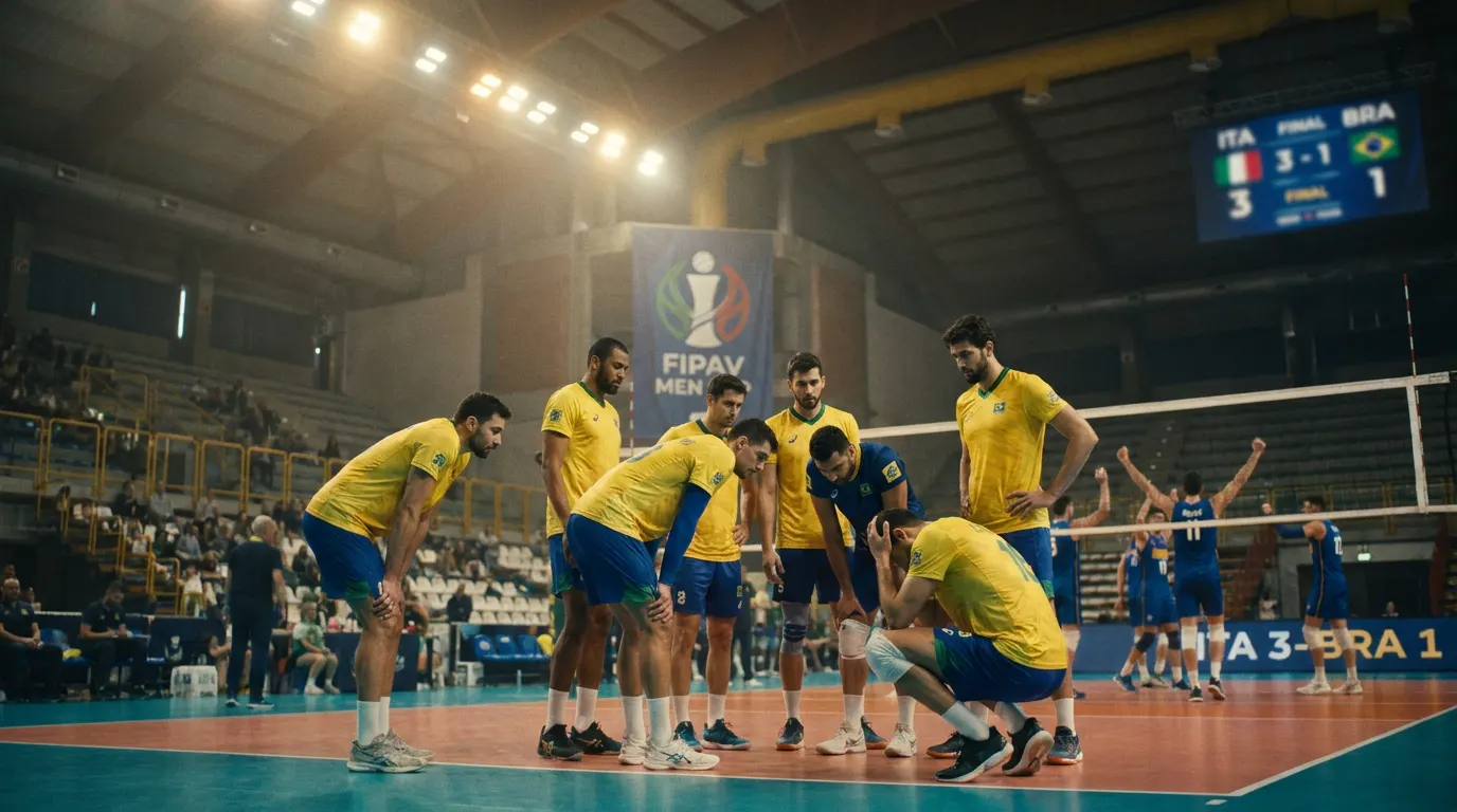 Jogadores do Brasil e Itália em disputa de bola durante a FIPAV Men Cup 2026 em Messina, amistoso de preparação para o pré-olímpico de vôlei