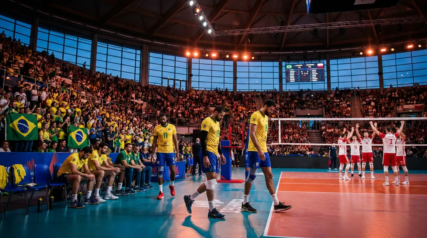 Seleção Brasileira masculina de vôlei em ação durante a derrota para a Polônia na VNL 2026 em Chicago