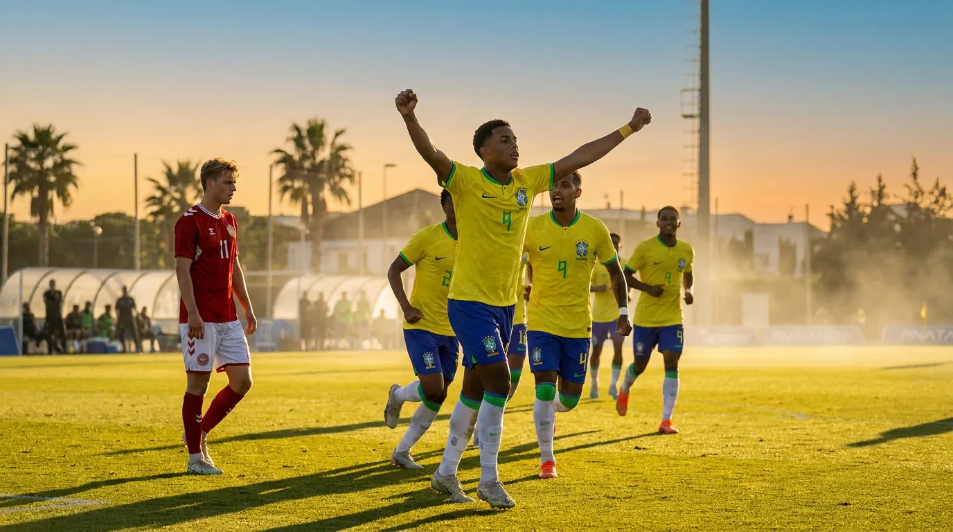 Jogadores do Brasil Sub-20 comemorando gol contra a Dinamarca na Pinatar Arena durante amistoso da Data Fifa