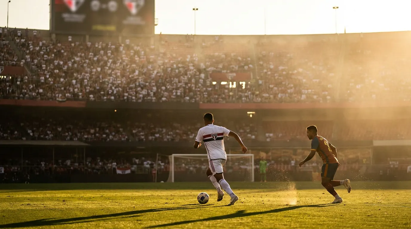 Jogador do São Paulo FC comemorando no MorumBIS durante o Brasileirão 2026, com a camisa tricolor e a torcida ao fundo