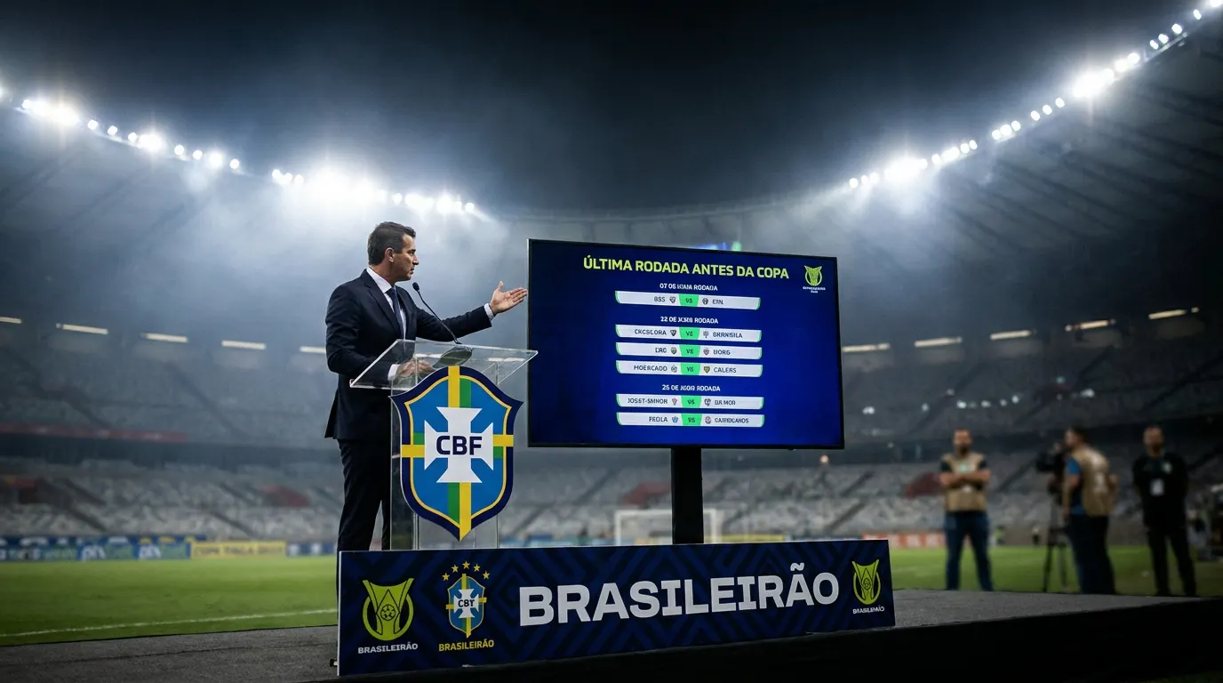 Estádio brasileiro lotado à noite com troféu do Brasileirão ao centro, representando a última rodada antes da Copa do Mundo