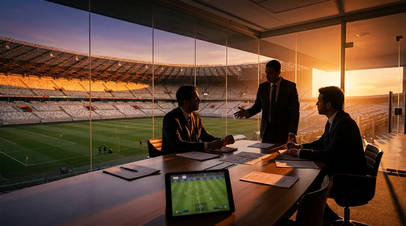 Torcedor com controle de PS5 diante da tela com EA Sports FC 26 e escudo da Seleção Brasileira, com o Maracanã ao fundo ao entardecer
