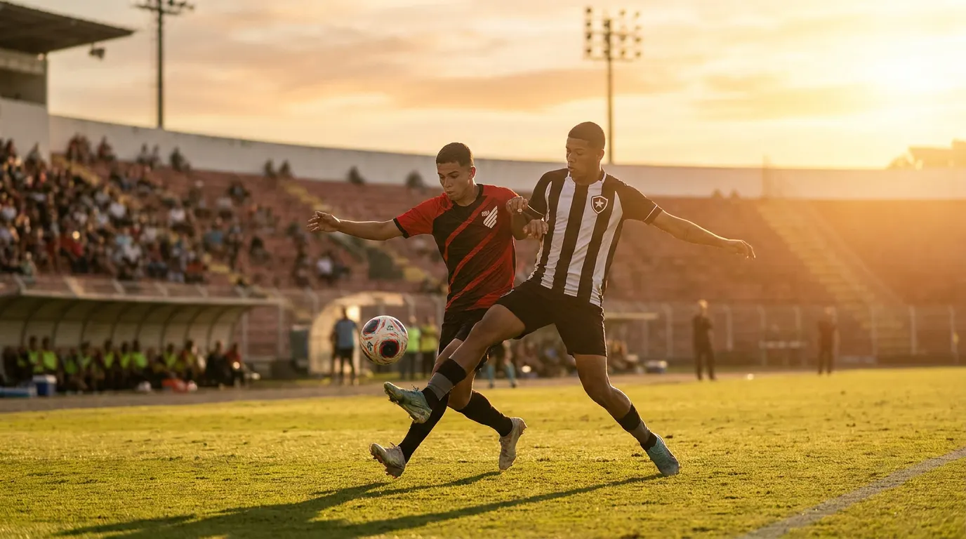 Duelo aéreo entre jogadores do Athletico-PR e Botafogo no Brasileirão Sub-20 2026