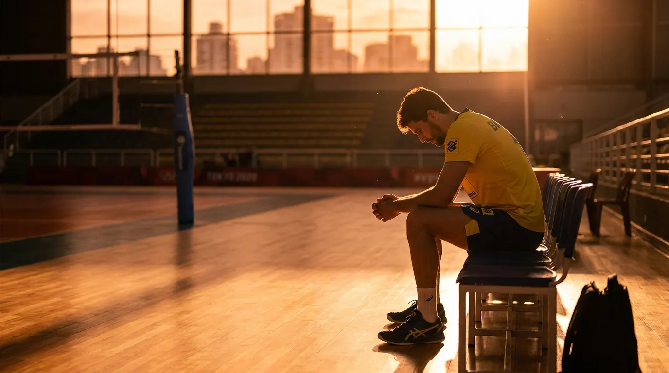 Bruninho com a camisa do Vôlei Renata em quadra, com expressão pensativa antes da final da Superliga 2026