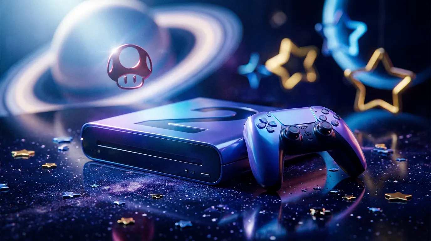 Bundle Nintendo Switch 2 com jogos Super Mario Galaxy e Super Mario Galaxy 2 em cenário galáctico