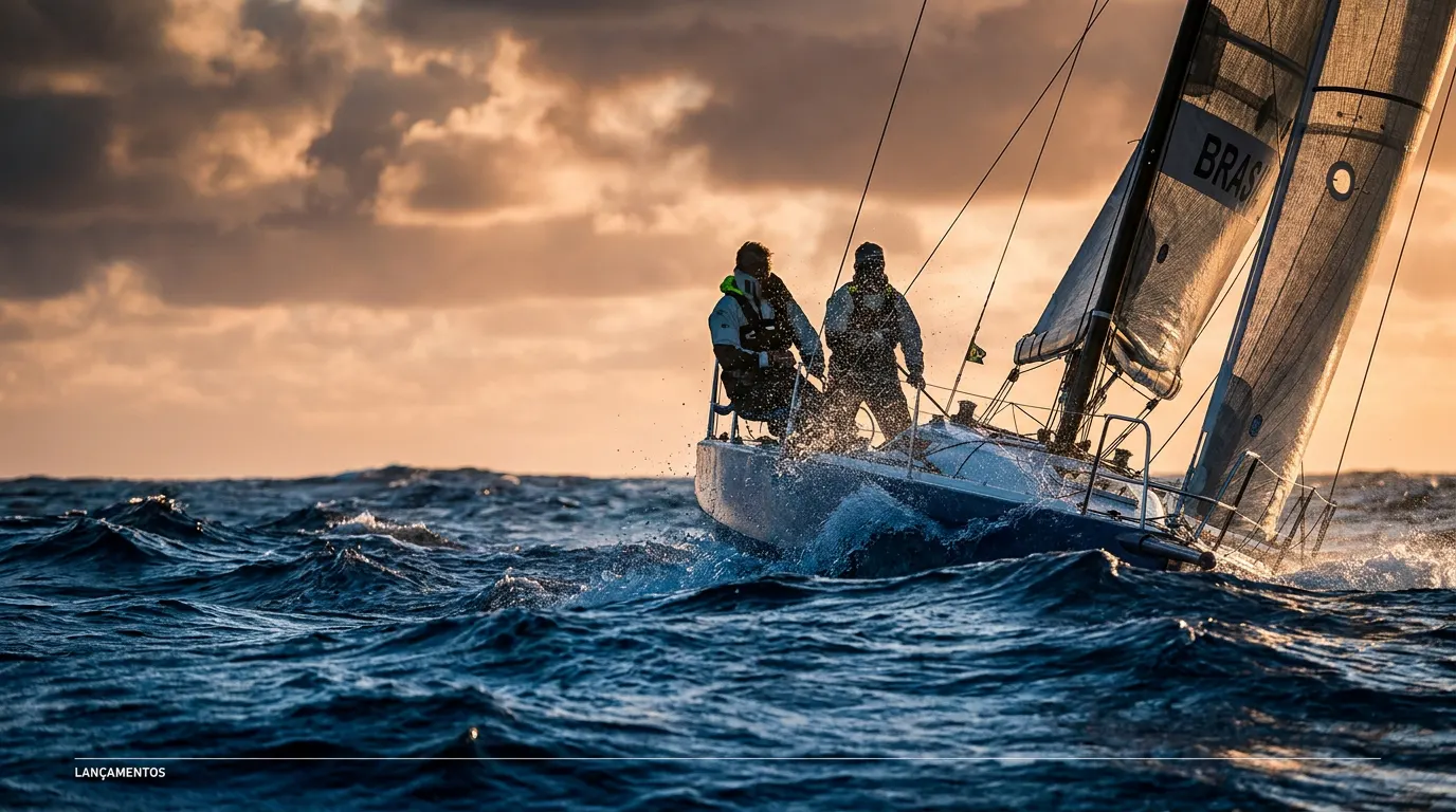 Veleiro Barco Brasil navegando em alto mar durante a regata Globe40 2025/26, documentário Cada Minuto Conta